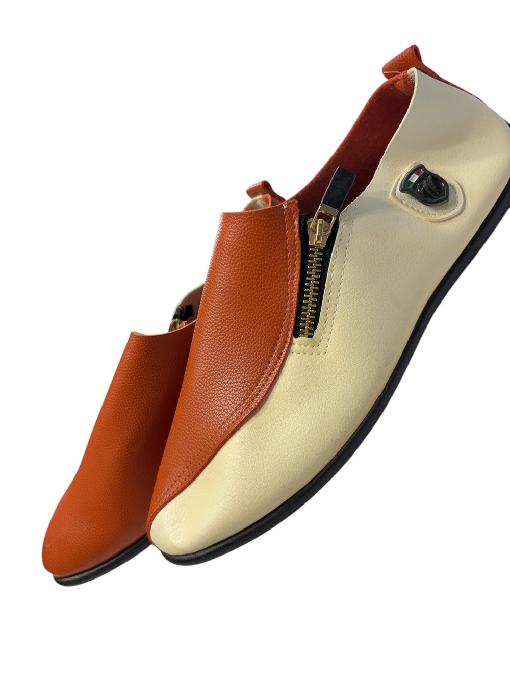Men's Two-Tone Tan and Cream Slip-On Loafers with Zip Accent. Italian Inspired, - Picture 2 of 8